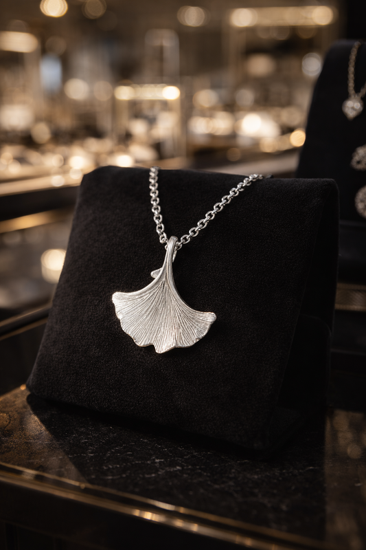 Ciondolo Foglia di Ginkgo in Argento • Eco-Luxury con Impatto Sociale